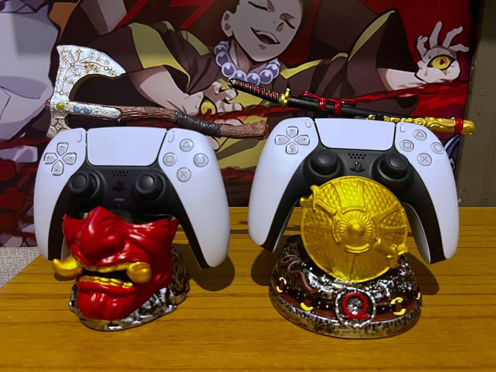 PS5 controllers on display stands in the VIP room